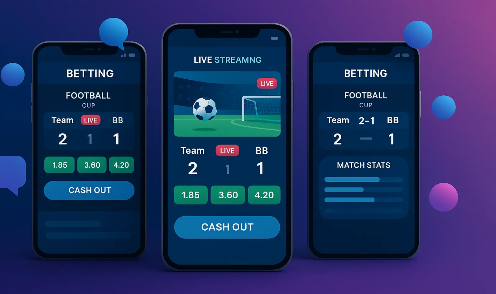 Trois smartphones affichant des interfaces d'applications de paris sportifs en direct