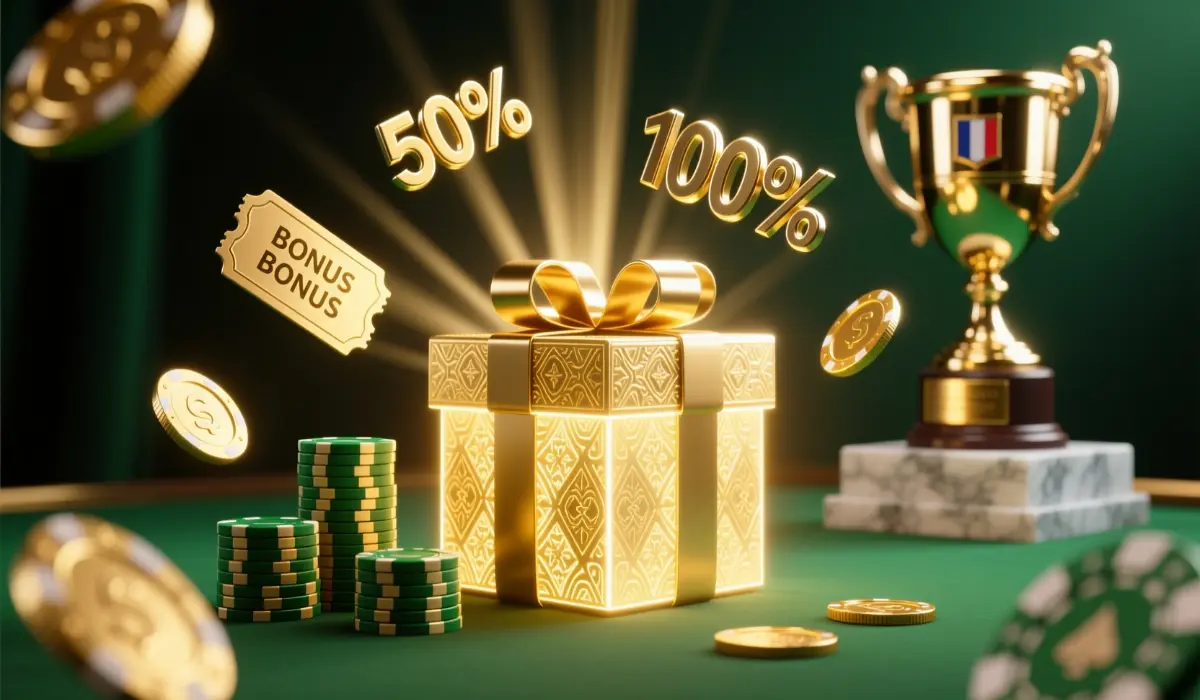 Visualisation 3D de pièces d'or, tickets bonus et symboles de pourcentage autour d'une boîte cadeau lumineuse