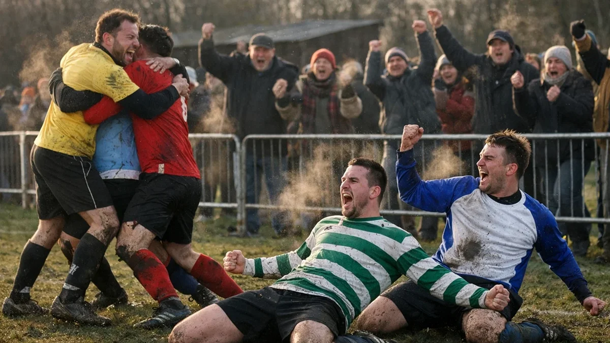 Joueurs amateurs célébrant un but décisif sur un terrain de football