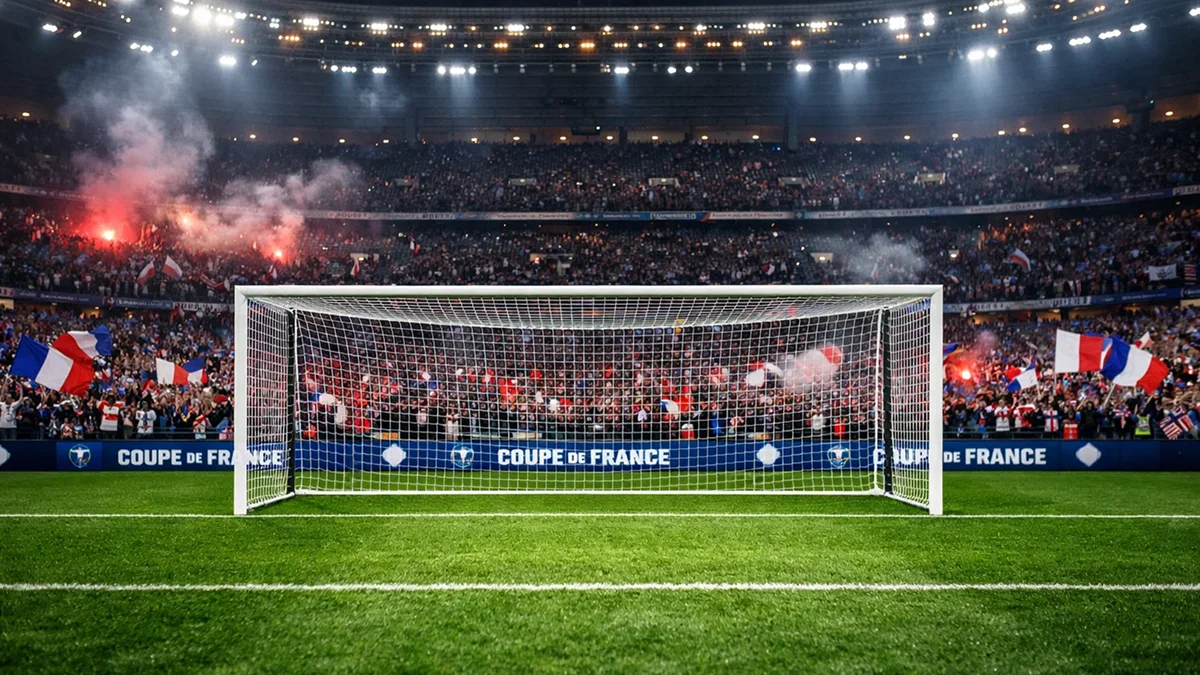 Ambiance survoltée dans un stade de football lors d'un match de Coupe de France