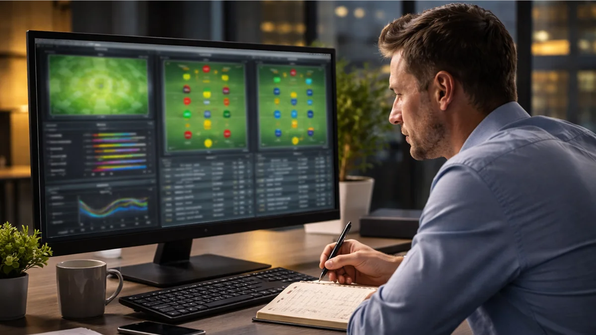Analyste sportif étudiant des statistiques de football sur un écran