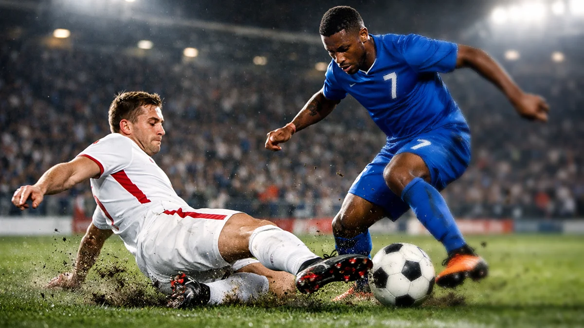Action de football intense avec joueurs en plein effort pendant un match de coupe