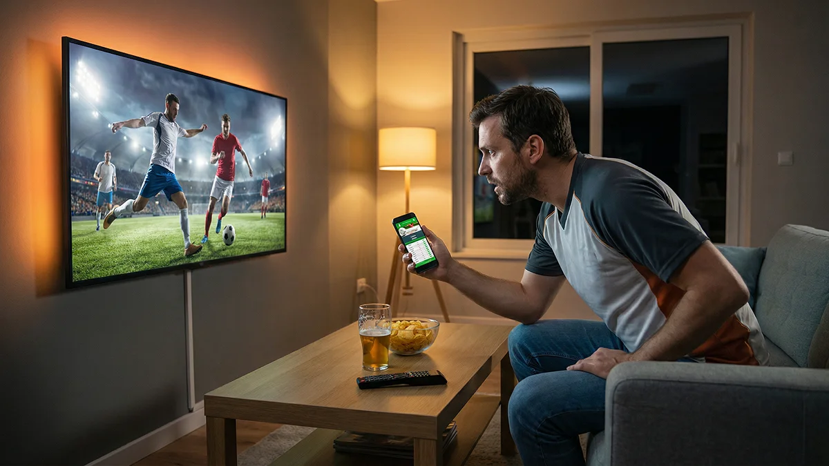 Supporter regardant un match de football en direct sur grand écran avec smartphone en main