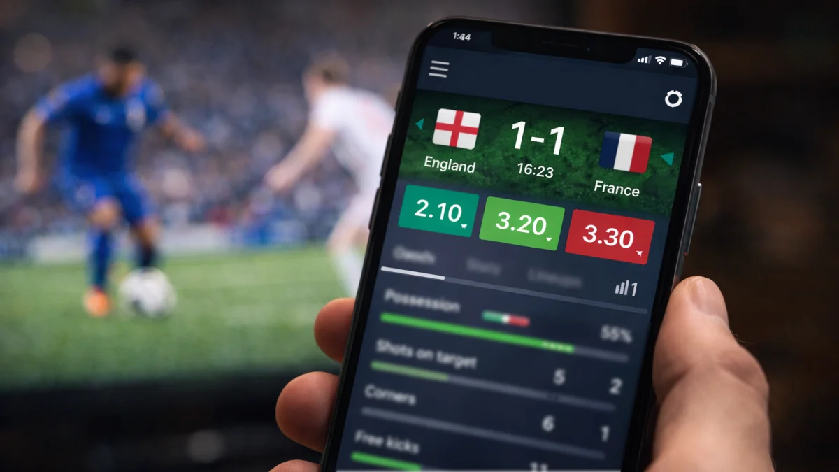 Application mobile de paris sportifs affichant des cotes en direct pendant un match