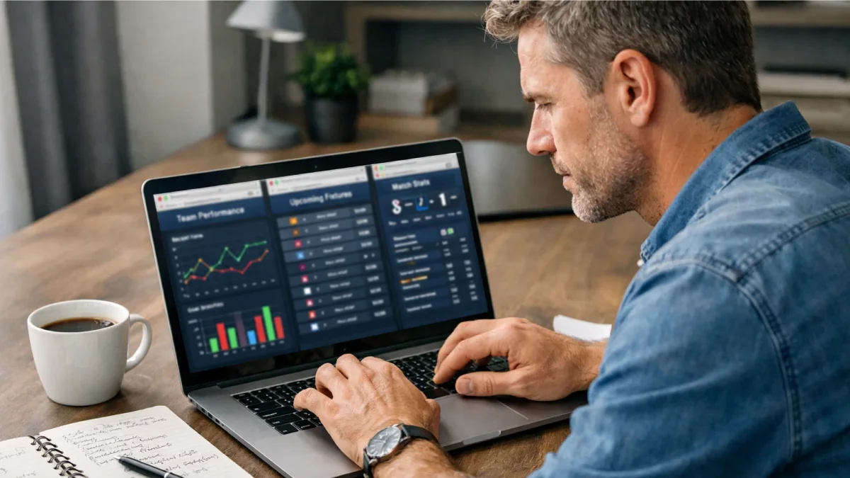 Analyste étudiant des statistiques de football sur un ordinateur portable