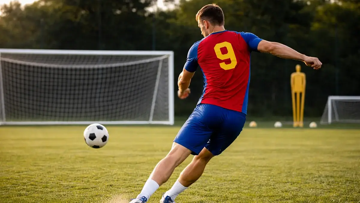 Joueur de football à l'entraînement pratiquant ses tirs au but