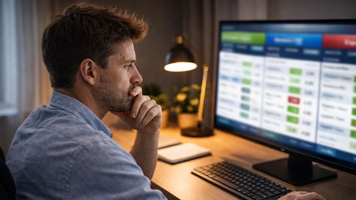 Parieur réfléchi devant un ordinateur analysant ses options
