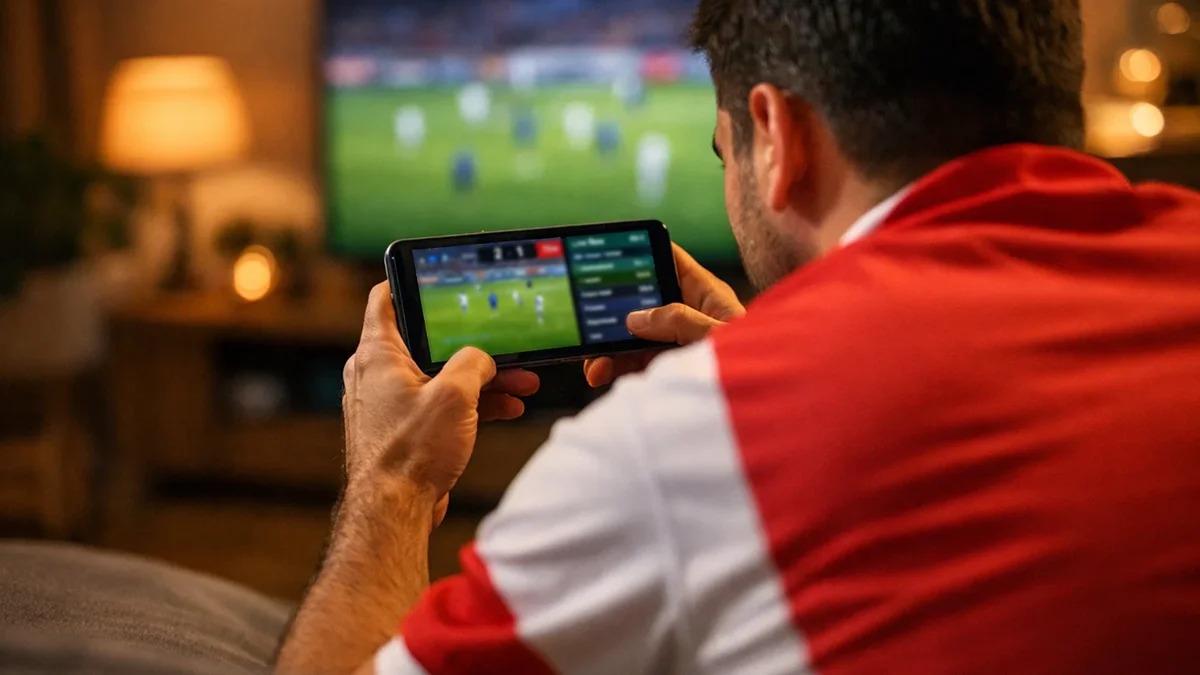 Supporter regardant un match de football tendu sur son téléphone