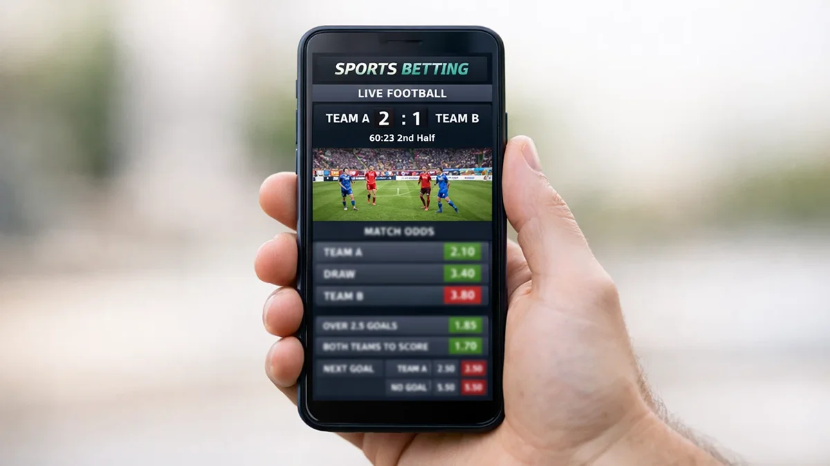 Main tenant un smartphone affichant une application de paris sportifs