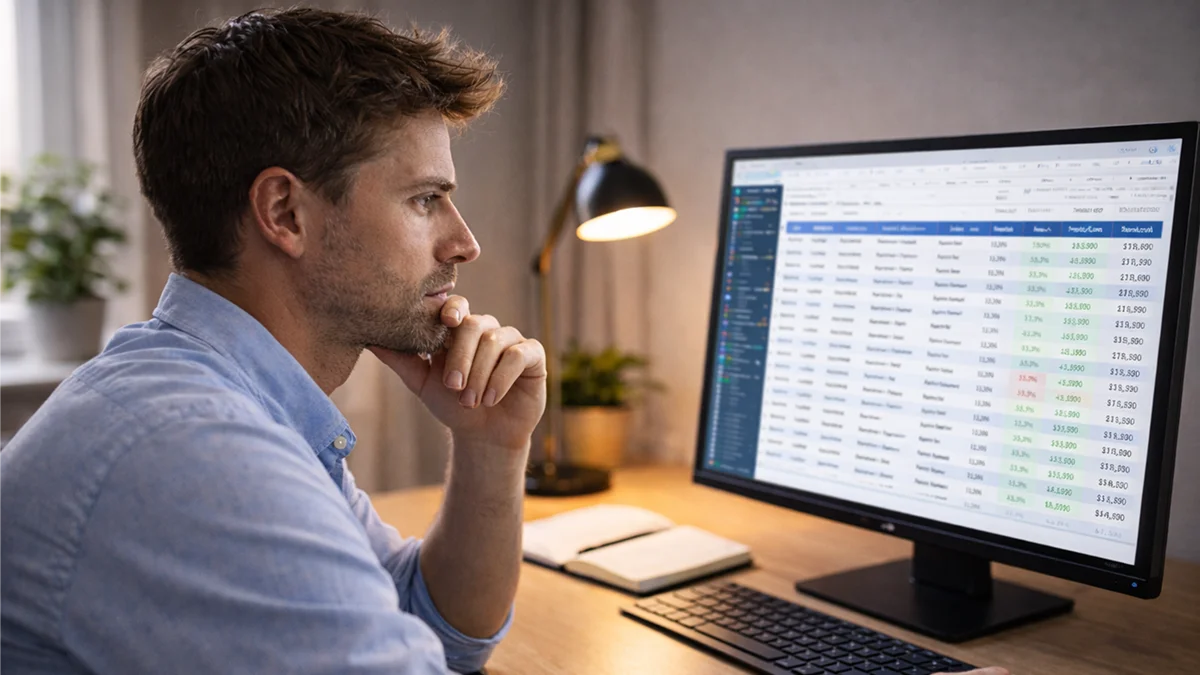 Personne réfléchissant calmement devant un écran affichant des statistiques sportives