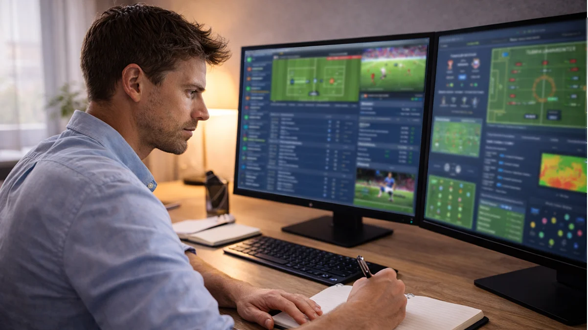 Analyste sportif étudiant des données de match sur plusieurs écrans