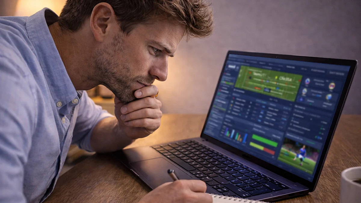 Personne analysant attentivement des données de match sur ordinateur