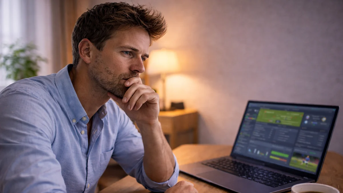 Parieur frustré réfléchissant à ses erreurs devant un écran