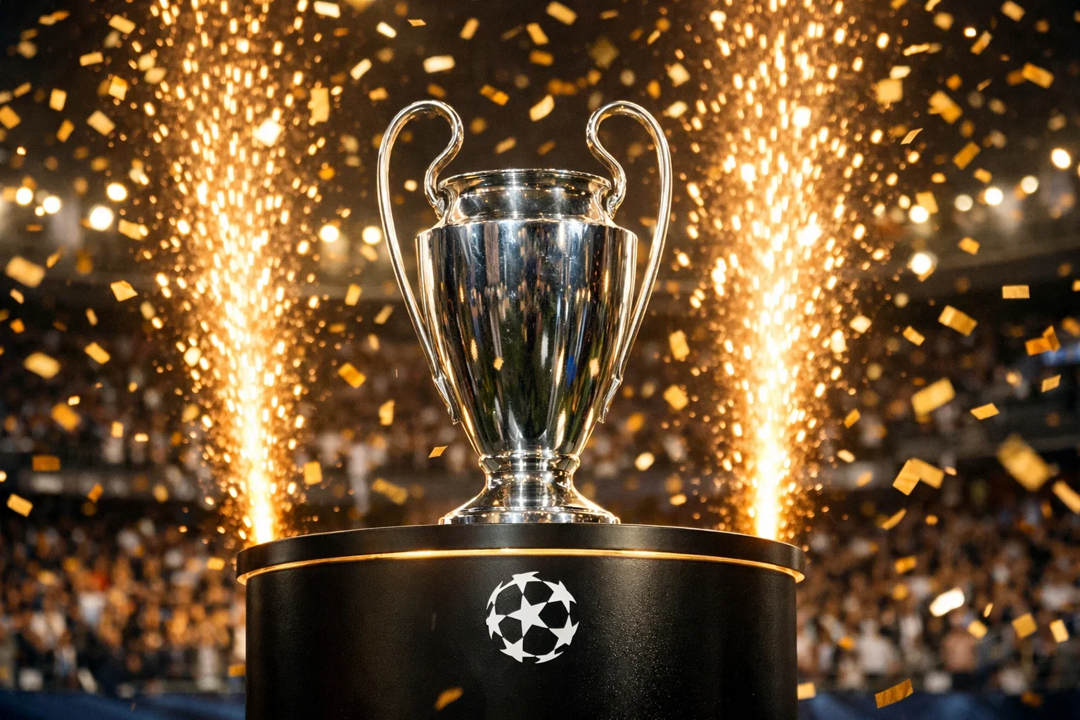 Trophée de la Ligue des Champions sur un podium avec confettis dorés