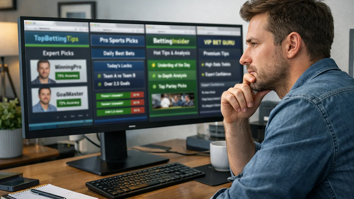 Personne évaluant différentes sources de pronostics sportifs sur son ordinateur