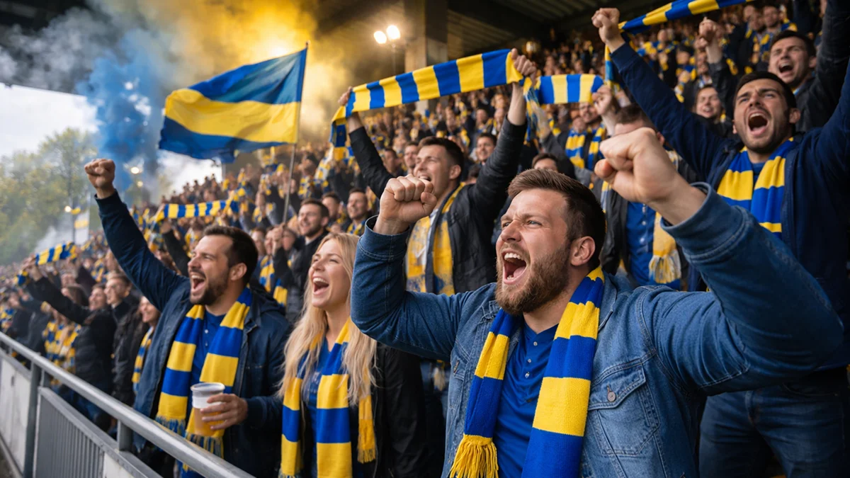 Supporters enthousiastes dans les tribunes d'un petit stade de football