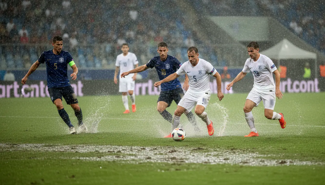 Match de football disputé sous la pluie avec terrain gras