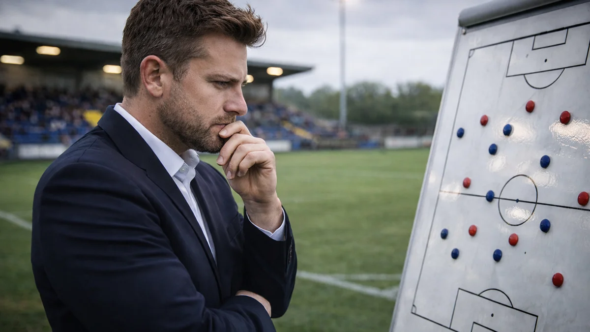Entraîneur de football réfléchissant à ses choix tactiques