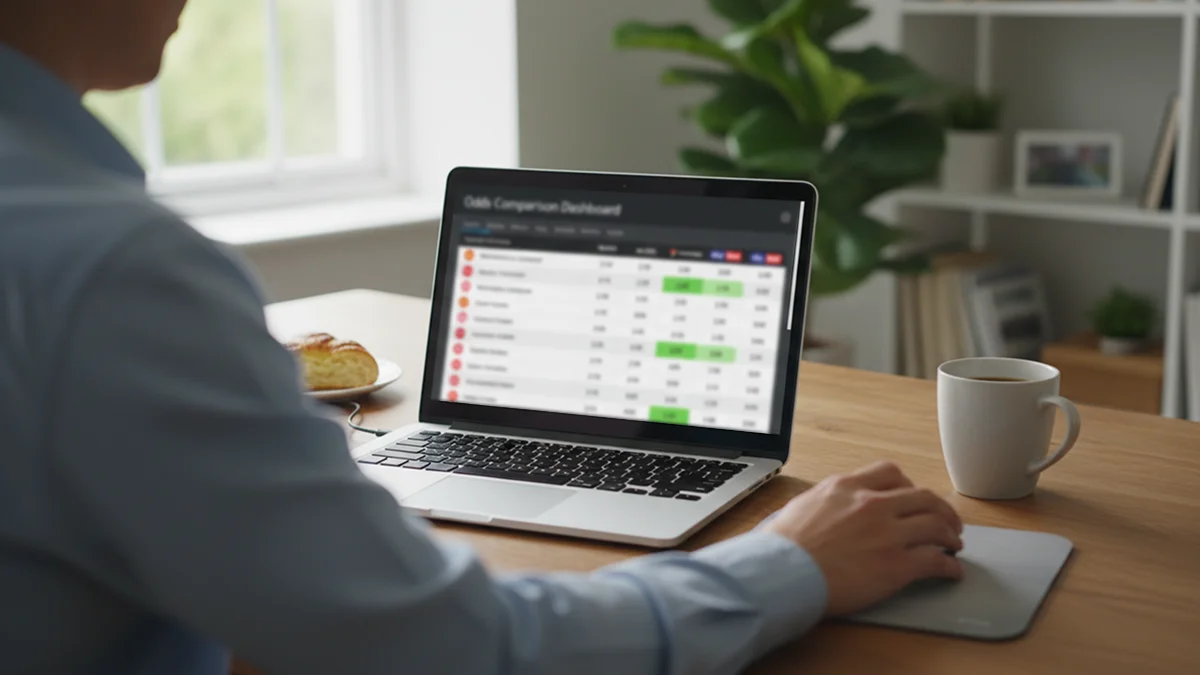 Personne utilisant un comparateur de cotes sur son ordinateur portable