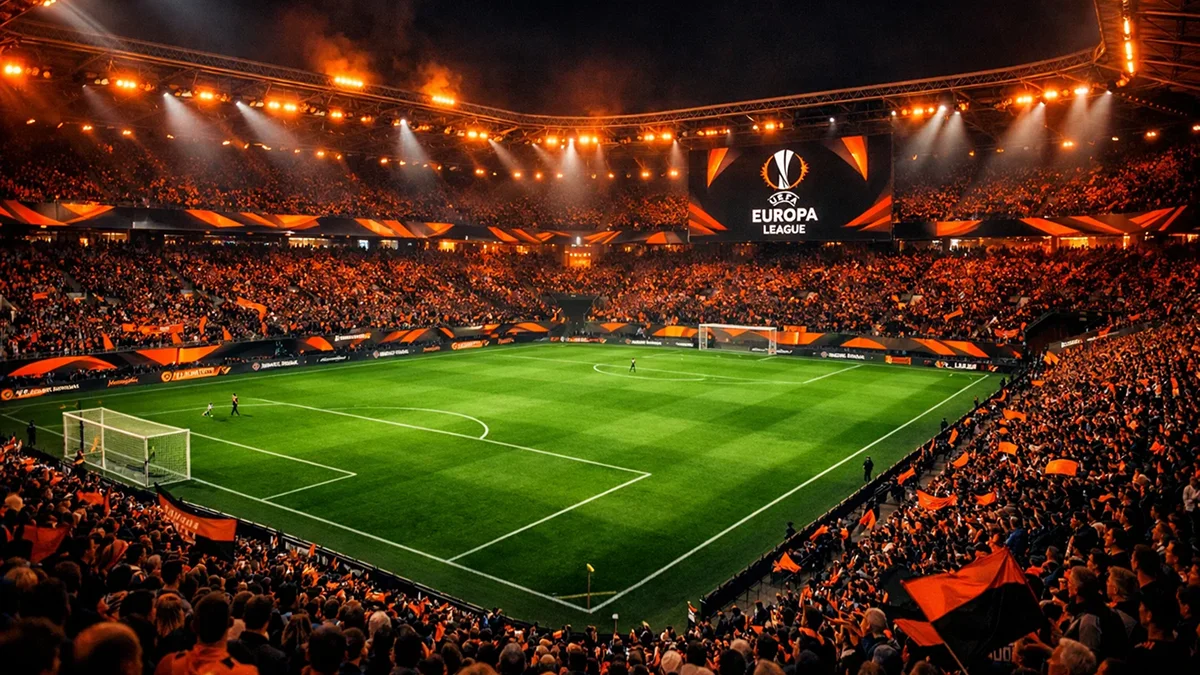 Stade de football européen illuminé en orange pour un match d'Europa League