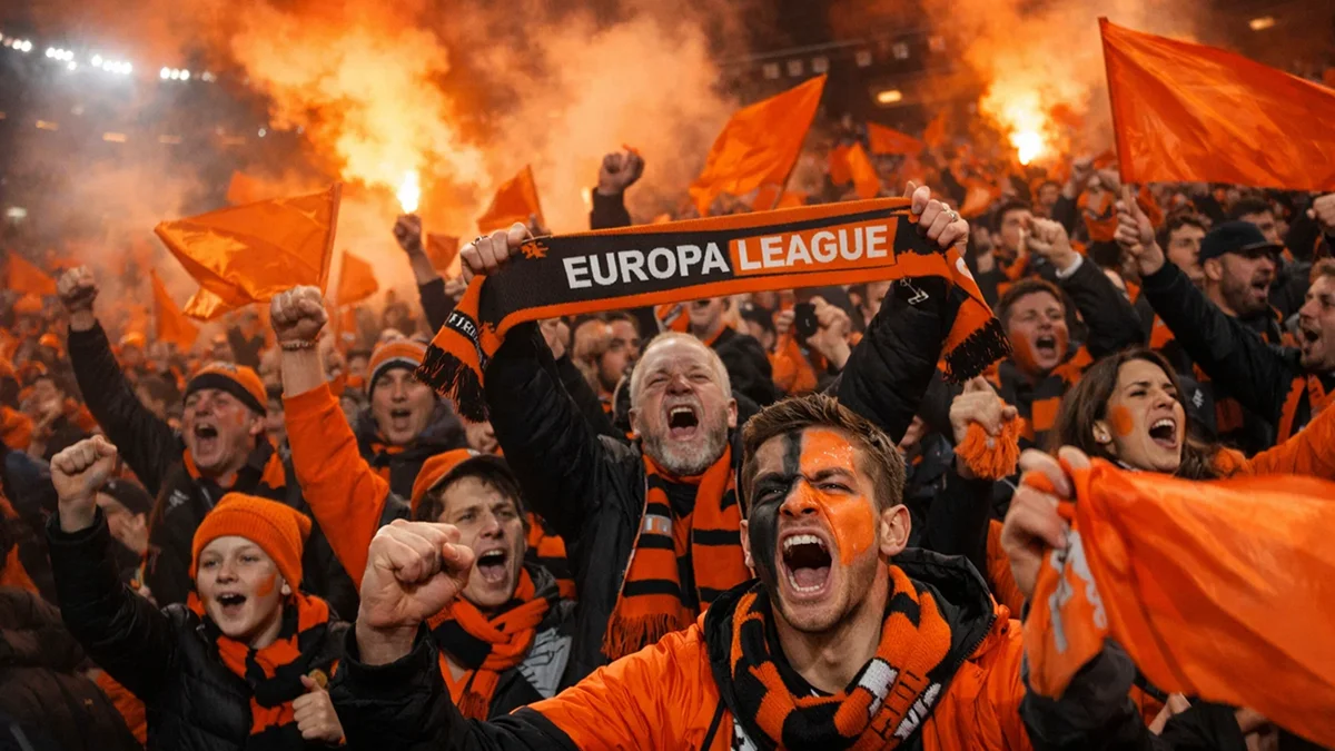 Supporters passionnés agitant des drapeaux orange dans les tribunes d'un stade