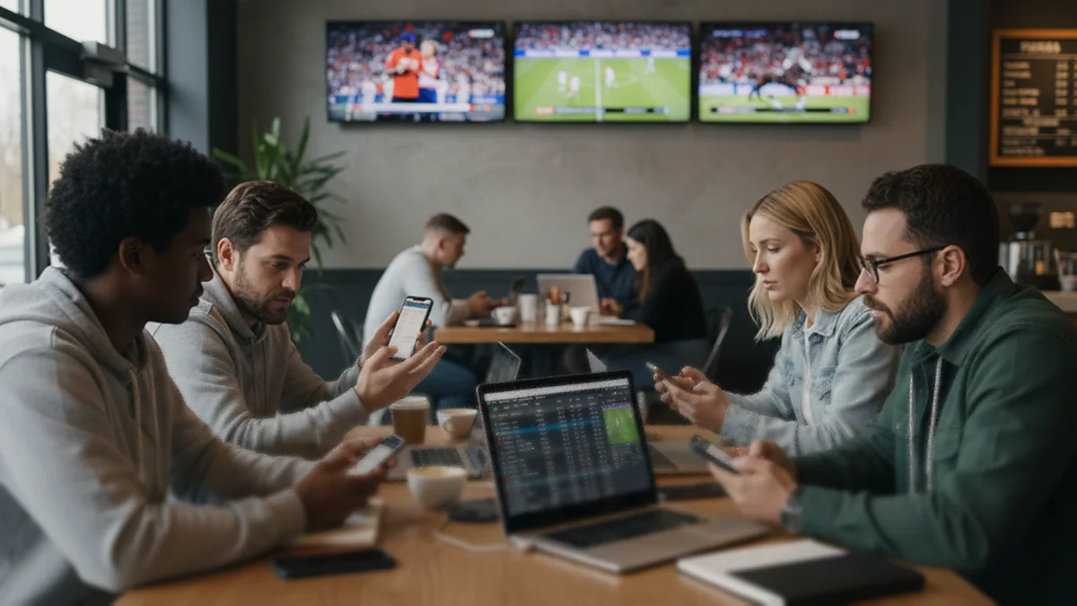 Groupe de parieurs discutant stratégie devant des écrans