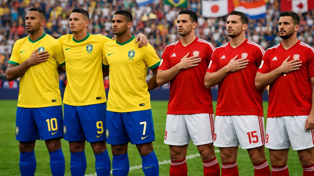 Équipes nationales de football alignées avant un match de Coupe du Monde