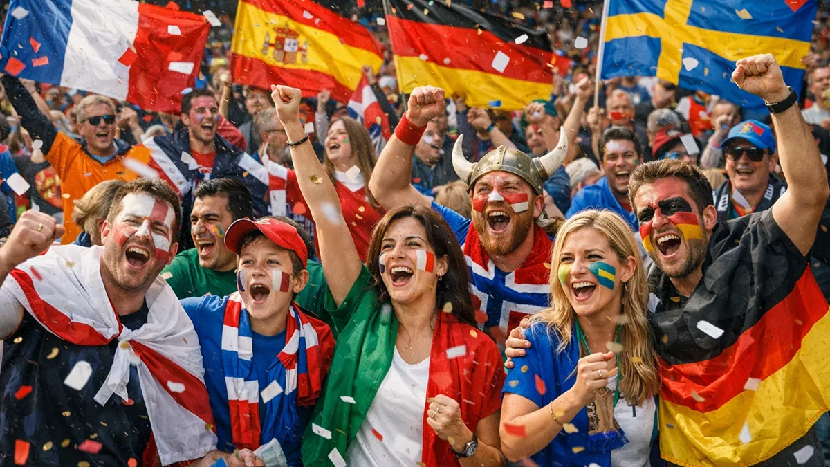 Supporters européens enthousiastes célébrant dans les tribunes avec drapeaux nationaux