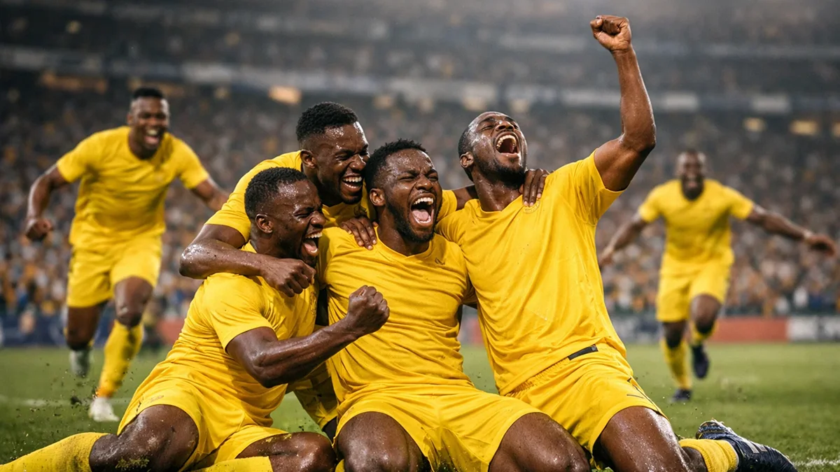 Joueurs de football africains célébrant un but avec passion
