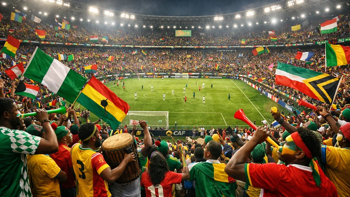 Stade africain rempli de supporters colorés lors d'un match de la Coupe d'Afrique des Nations