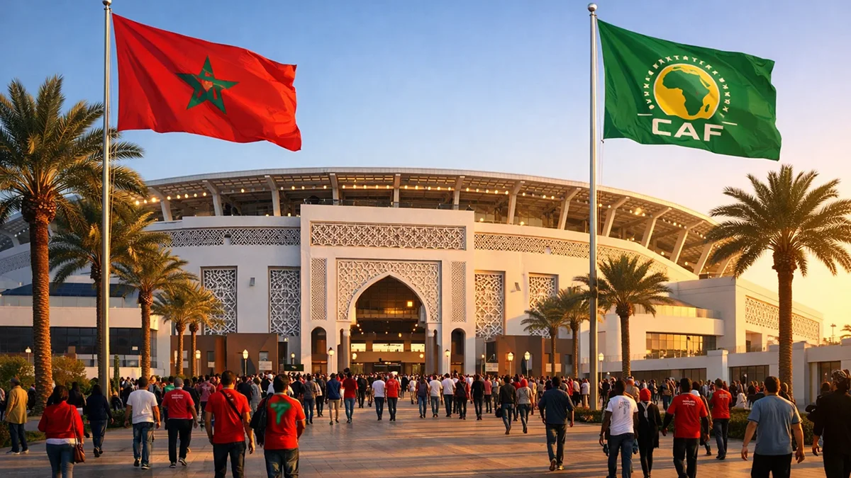 Stade moderne marocain avec pelouse parfaite prêt pour un match international