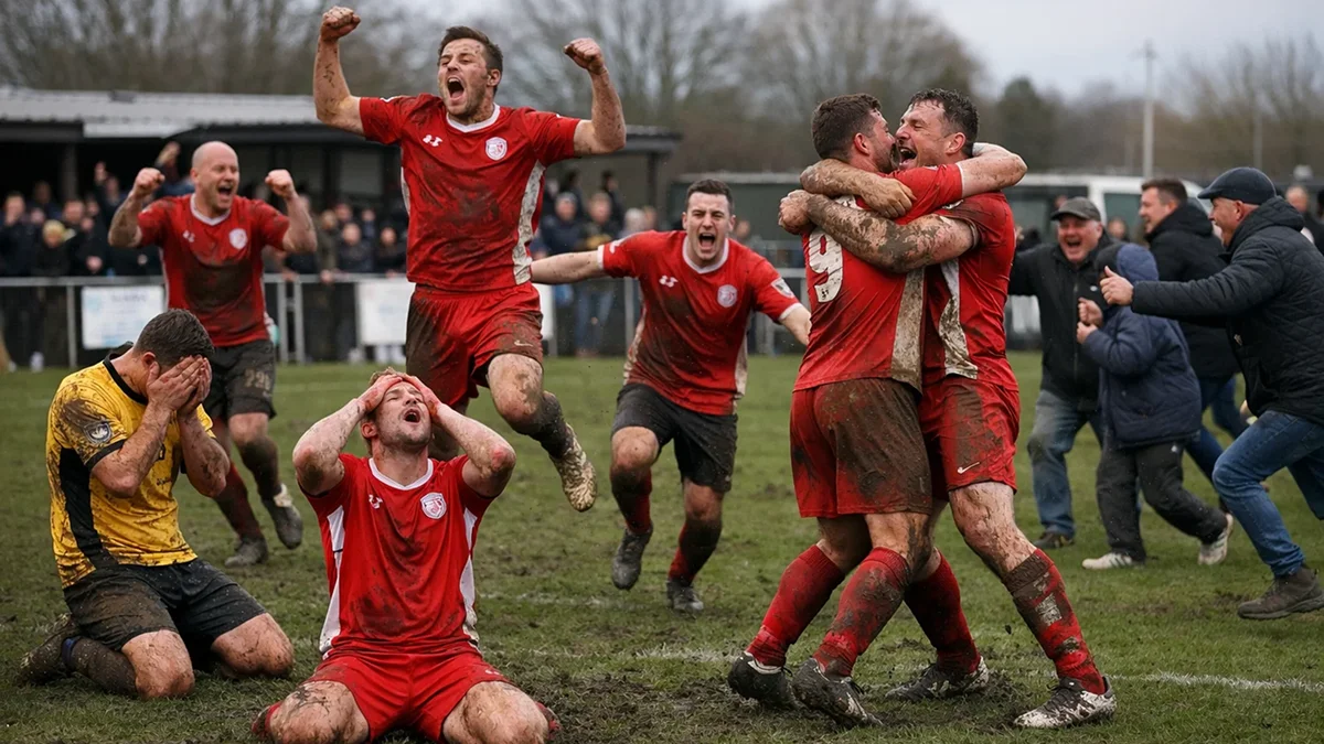 Joueurs d'un petit club anglais célébrant une victoire surprise en FA Cup