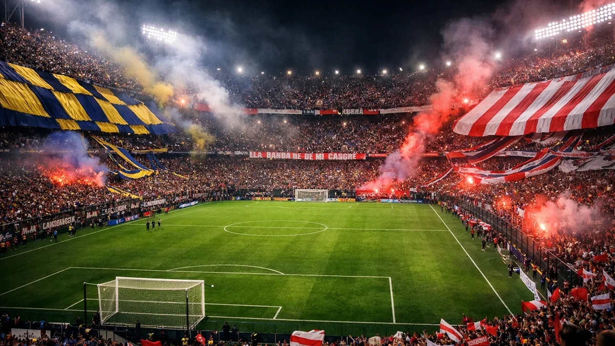 Ambiance électrique dans un stade sud-américain lors d'un match de Copa Libertadores