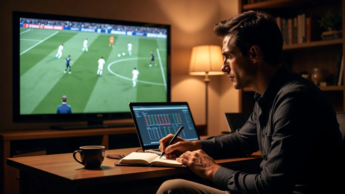 Parieur sportif prenant des notes devant un match de football