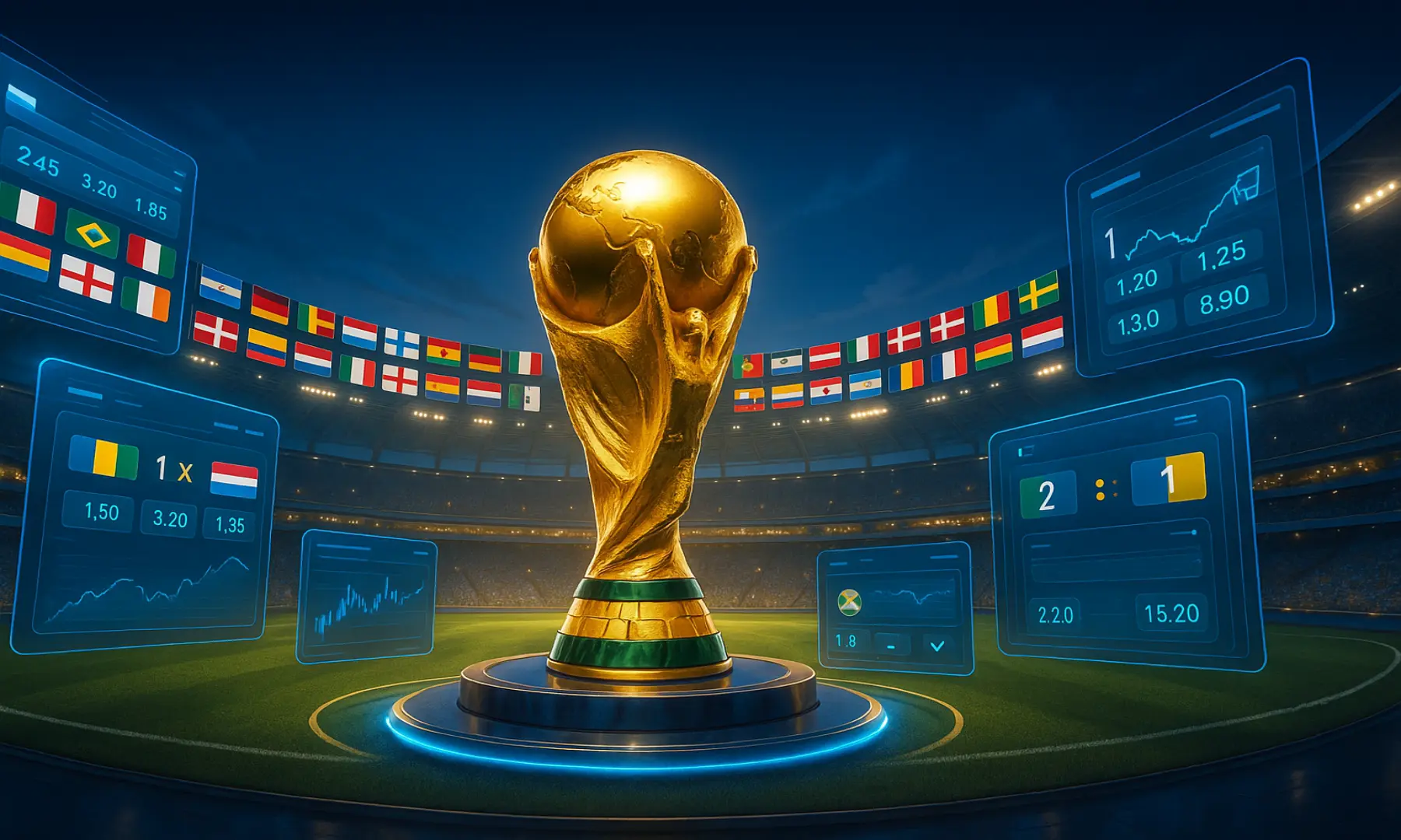 Vue panoramique des paris sportifs pour la Coupe du Monde 2026 avec stade futuriste et interfaces numériques