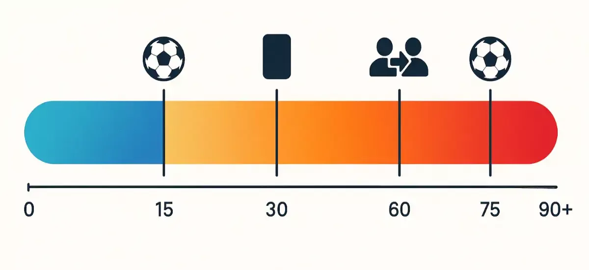 Chronologie infographique des phases critiques d'un match de coupe avec indicateurs d'intensité