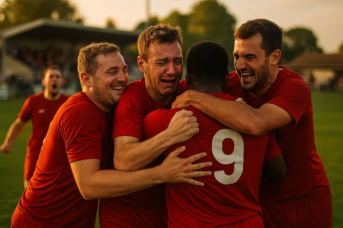 Célébration émotionnelle d'une équipe amateur après un exploit en Coupe de France