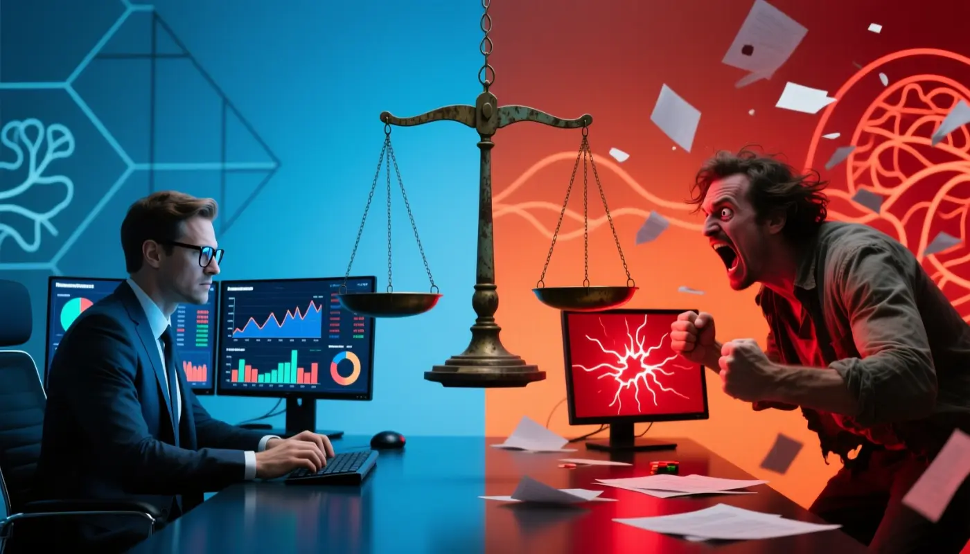 Composition montrant parieur calme analysant des données versus parieur émotionnel avec balance au centre