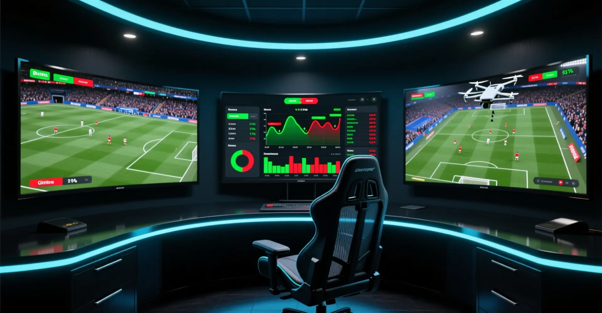 Configuration professionnelle de paris en direct avec plusieurs écrans montrant des matchs de football en temps réel