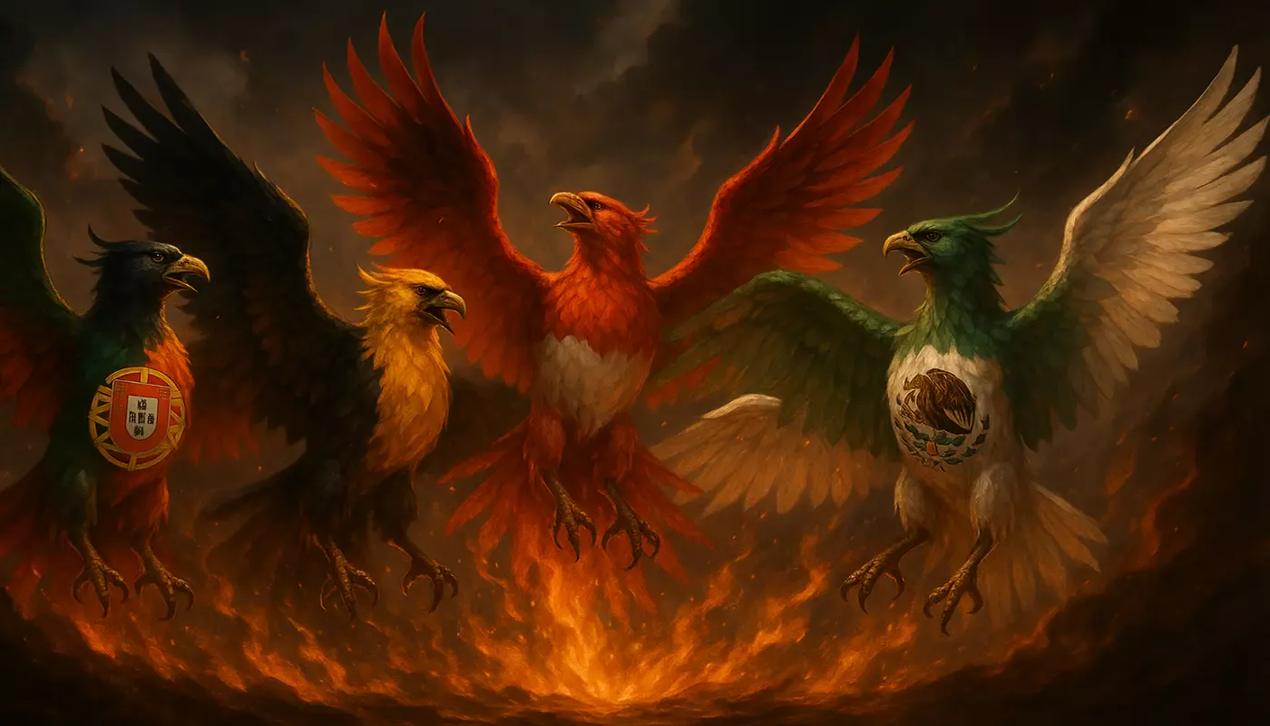 Drapeaux du Portugal Belgique Pays-Bas Mexique Japon se transformant en phénix avec éclairage dramatique