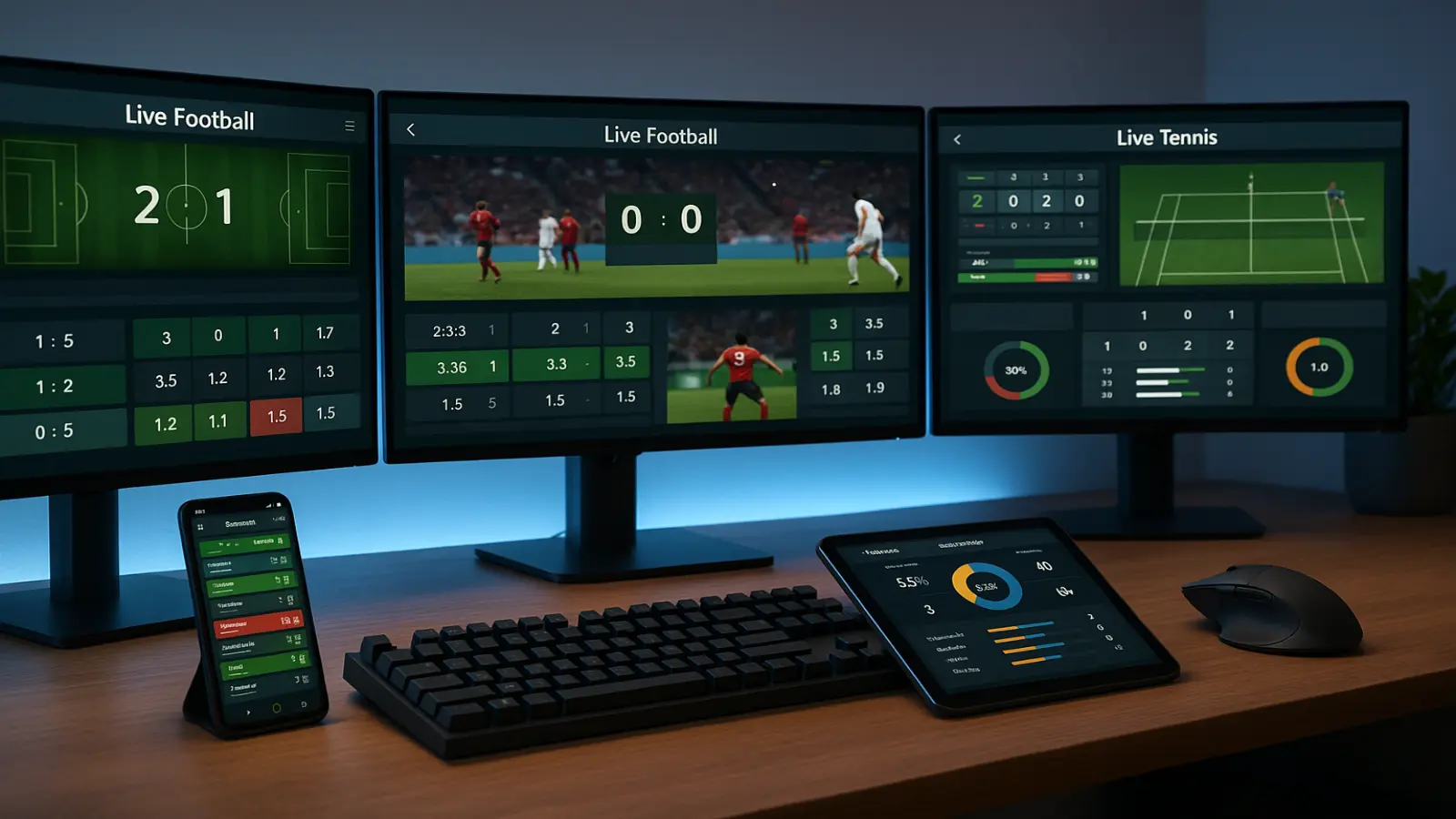 Bureau professionnel avec configuration triple écran pour le pari en direct et applications mobiles