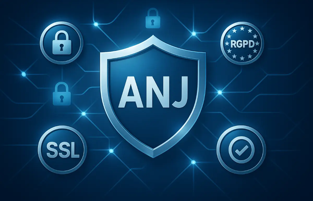 Concept de sécurité avec bouclier contenant le logo ANJ, symboles de cadenas et certificats SSL