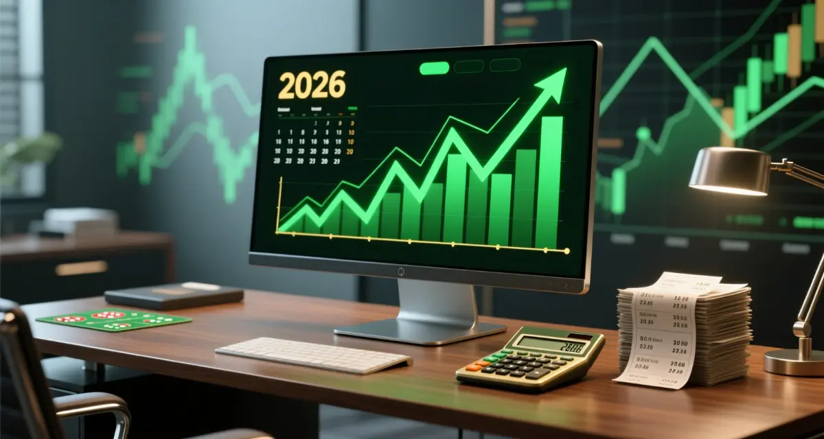 Bureau professionnel avec graphiques de croissance calendrier 2026 calculatrice et bulletins de paris